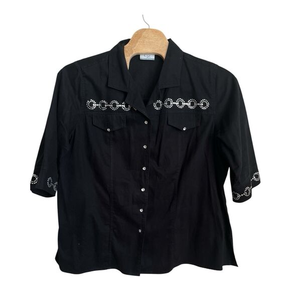 Vintage Club Z Demin Blouse Women's Size 3X Shirt Black 3/4 Sleeve Metal Studs - Picture 2 of 5